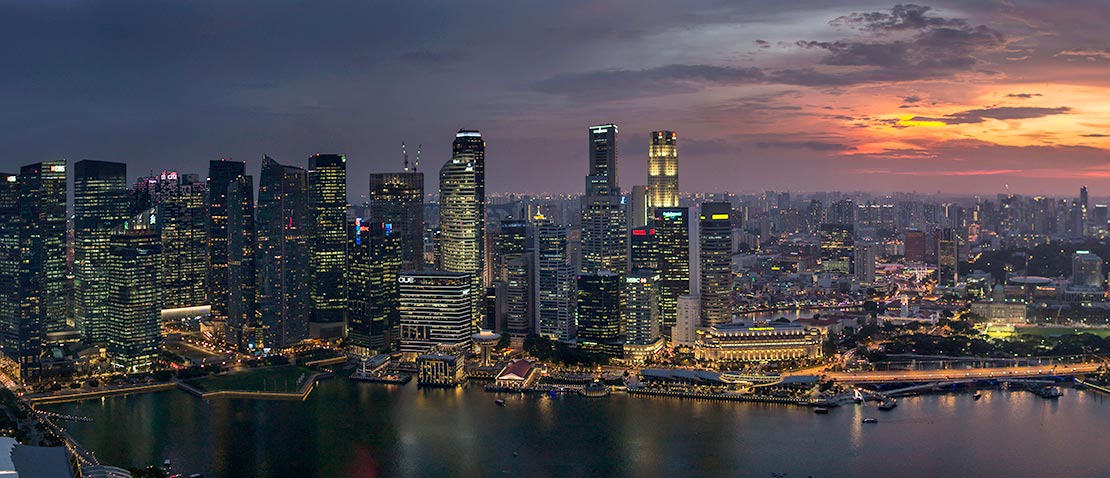 View of the Singapore skyline at sunset